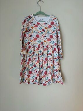 Clover Kids' Long Sleeve Heart & Shapes Dress - White with Coral & Teal Print